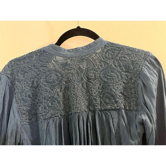 Free People Top Women's Blue Embroidered Peasant Tunic Size M Bohemian Coquette - Picture 5 of 7
